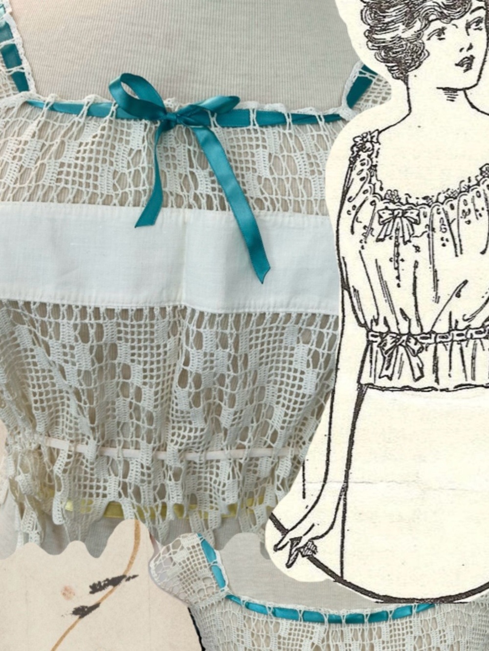 Vintage Cotton cream Lace Camisole with Teal Ribbon M/L Victorian rare trim